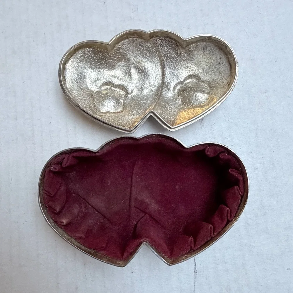 International Silver Co Double Heart Jewelry Box Floral Silver Plated 1991 Gift